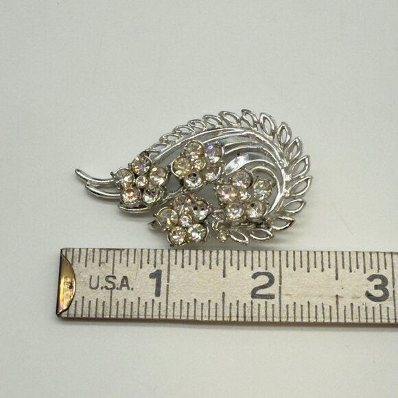 Vintage Silver-Tone Rhinestone Brooch Floral Leaf Swirl Design - Picture 6 of 7
